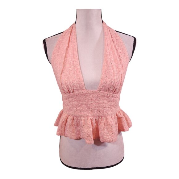 NBD Hazel Pink Embroidered Eyelet Peplum Hem Halter Top Feminine Women's Medium - Picture 2 of 9